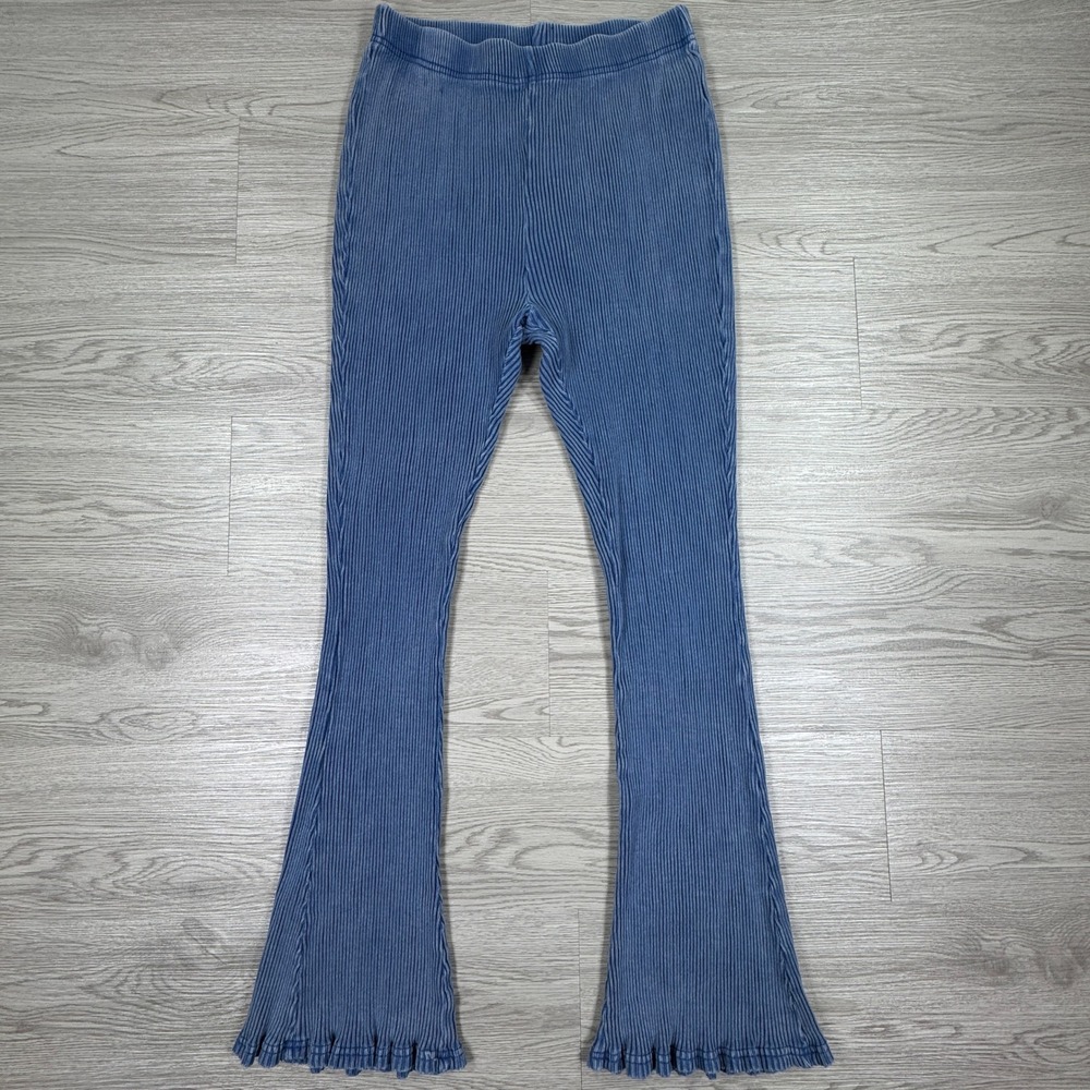 Urban Outfitters Women Pants Ribbed Flare Lettuce Edge Hem‎ Blue Large Retro